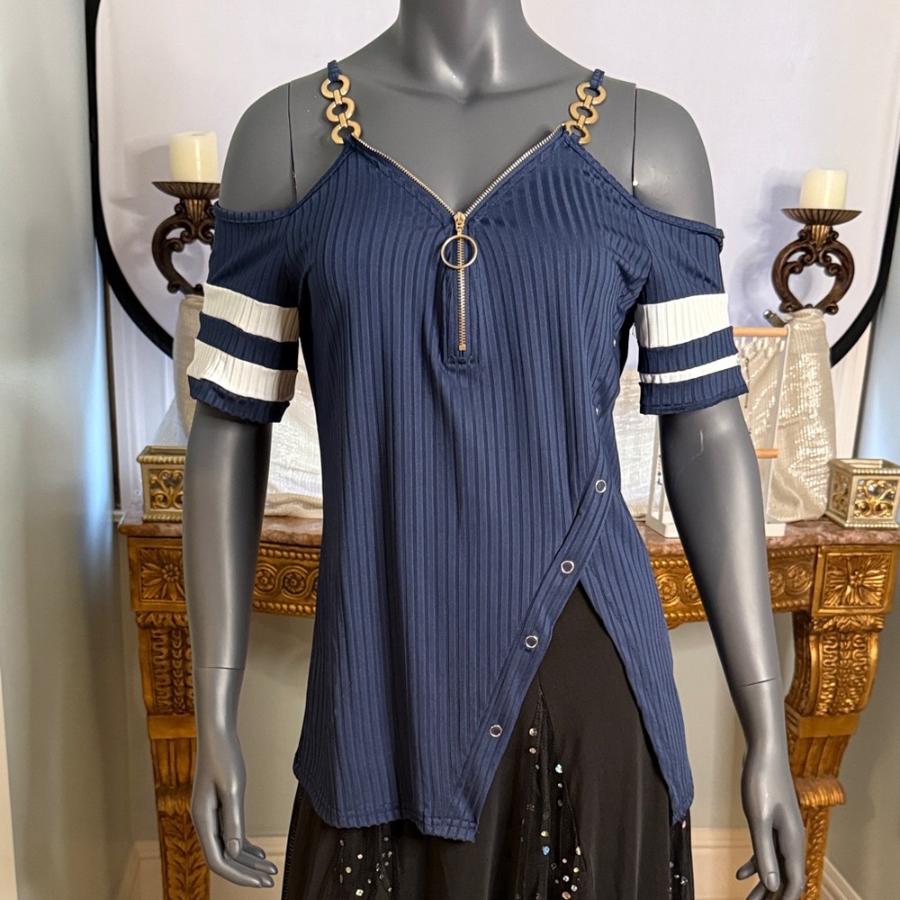 Navy Cold Shoulder Top with Zipper Detail